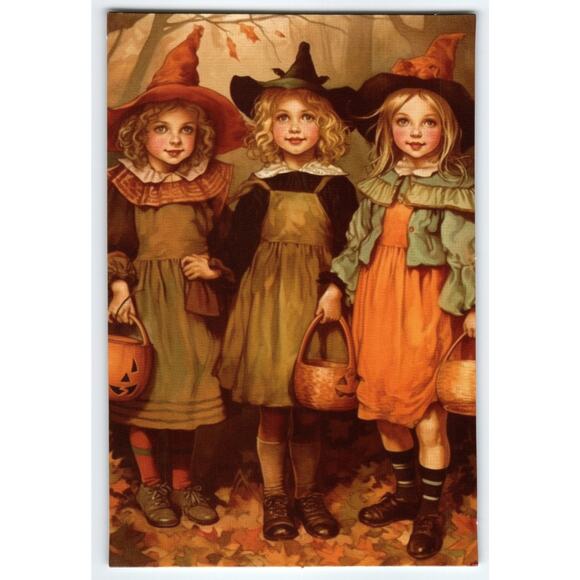 Vintage Photochrome Halloween Postcard Three Girls in Witch Costumes - Picture 1 of 2